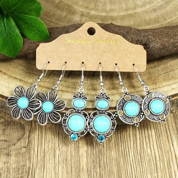 Earrings Turquoise Dangle 3pr Silver Gypsy Boho Native Southwest Stylish Trendy - Picture 1 of 2